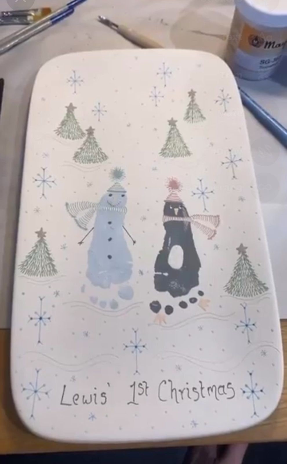 Painted plate with a footprint snowman and penguin